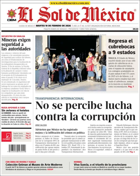Portada de El Sol de Mexico del martes, 10 de febrero de 2026