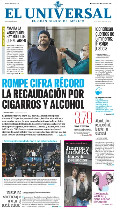 Portada de El Universal del martes, 10 de febrero de 2026