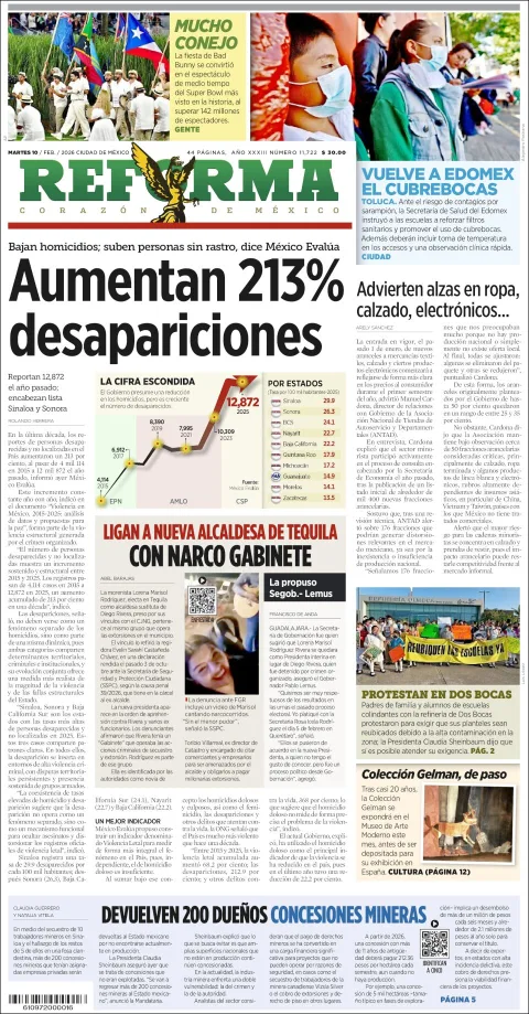 Portada de Reforma del martes, 10 de febrero de 2026