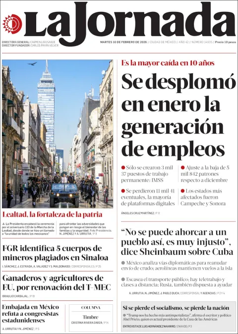 Portada de La Jornada del martes, 10 de febrero de 2026