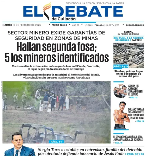 Portada de El Debate de Culiacan del martes, 10 de febrero de 2026