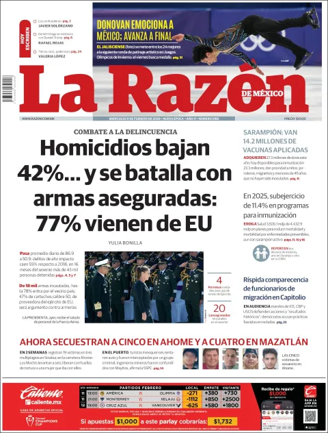 Portada de La Razon del miércoles, 11 de febrero de 2026