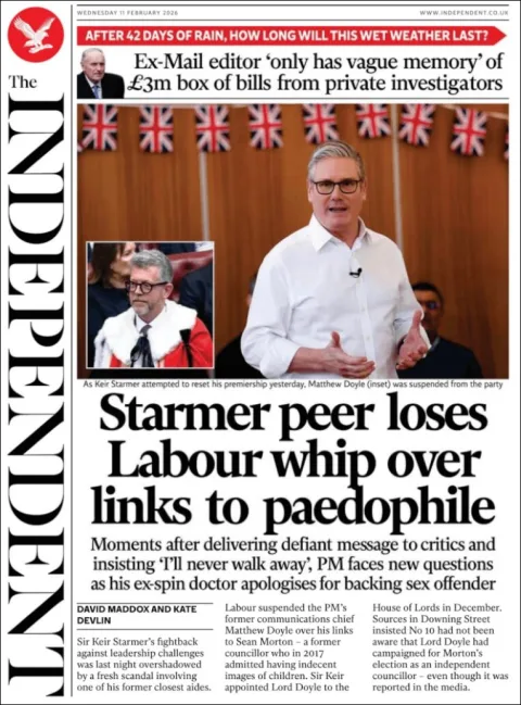 Portada de The Independent del miércoles, 11 de febrero de 2026