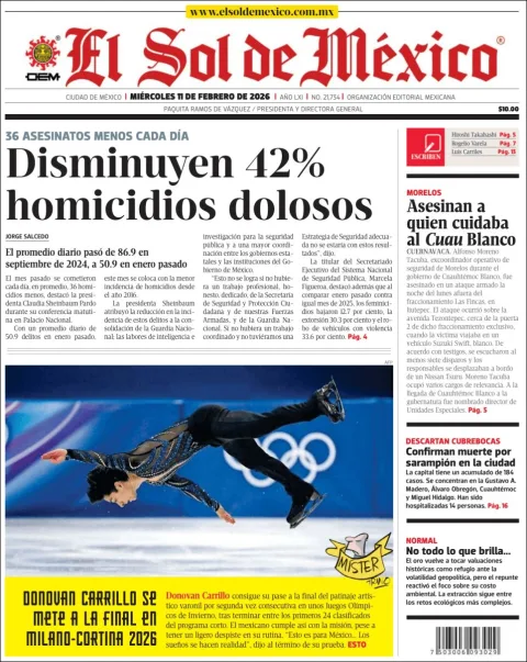 Portada de El Sol de Mexico del miércoles, 11 de febrero de 2026