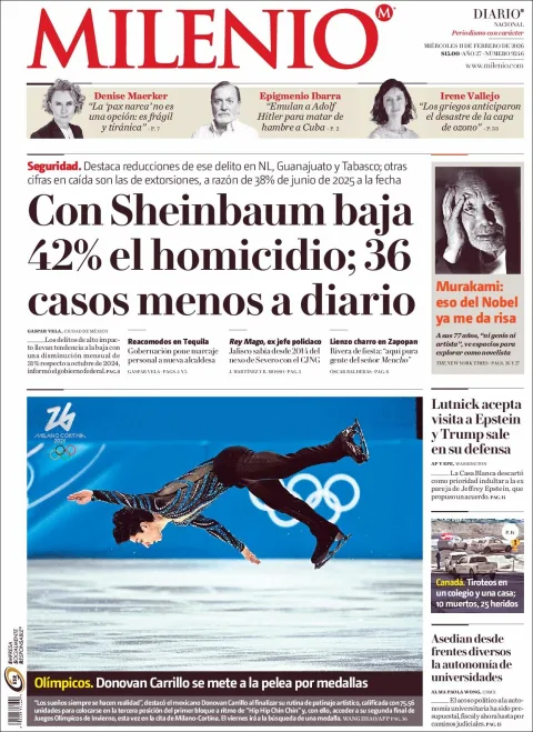 Portada de Milenio del miércoles, 11 de febrero de 2026