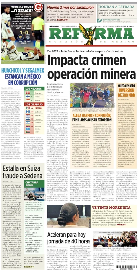 Portada de Reforma del miércoles, 11 de febrero de 2026
