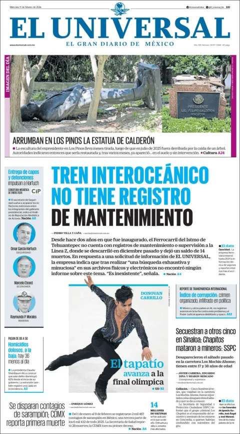 Portada de El Universal del miércoles, 11 de febrero de 2026