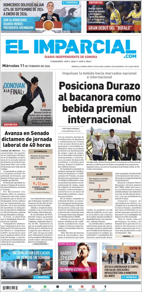Portada de El Imparcial del miércoles, 11 de febrero de 2026