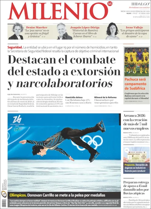 Portada de Milenio Hidalgo del miércoles, 11 de febrero de 2026
