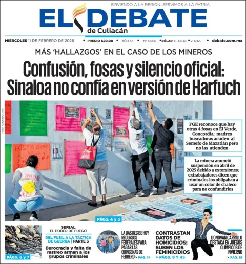 Portada de El Debate de Culiacan del miércoles, 11 de febrero de 2026