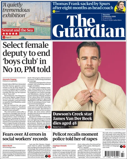 Portada de The Guardian (reino Unido) del jueves, 12 de febrero de 2026