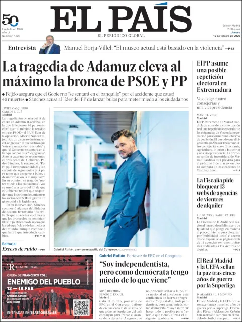 Portada de El Pais del jueves, 12 de febrero de 2026