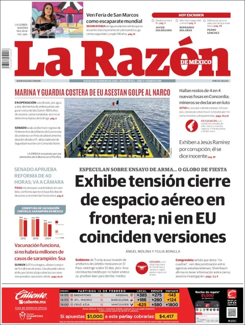 Portada de La Razon del jueves, 12 de febrero de 2026