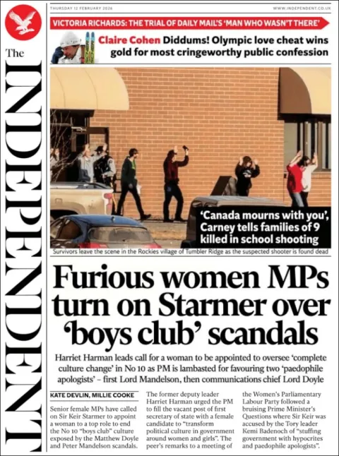 Portada de The Independent del jueves, 12 de febrero de 2026