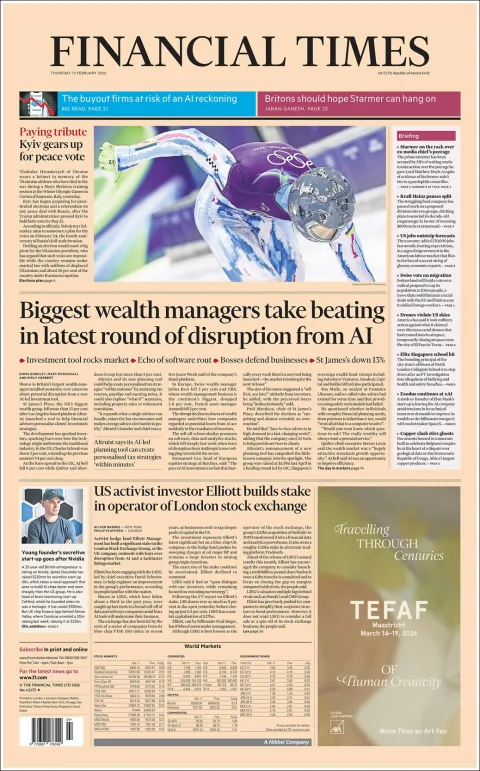 Portada de Financial Times del jueves, 12 de febrero de 2026