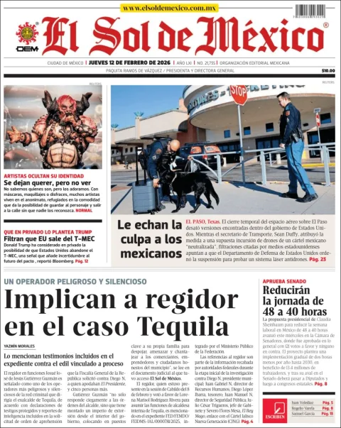 Portada de El Sol de Mexico del jueves, 12 de febrero de 2026