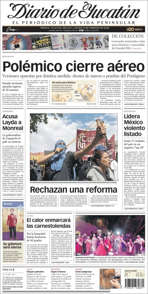 Portada de Diario de Yucatán del jueves, 12 de febrero de 2026