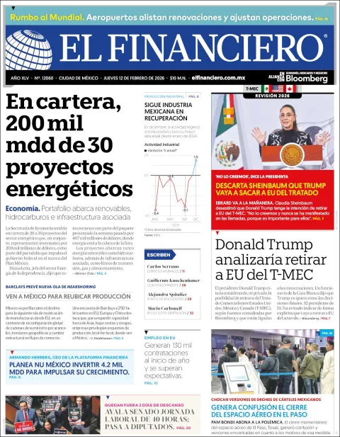 Portada de El Financiero del jueves, 12 de febrero de 2026