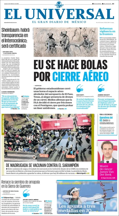 Portada de El Universal del jueves, 12 de febrero de 2026