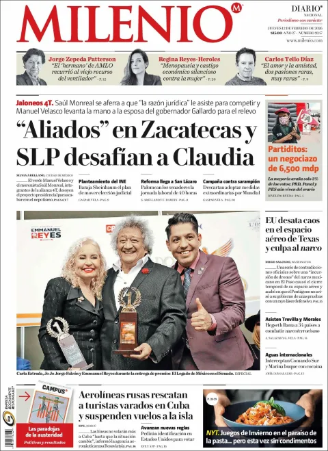 Portada de Milenio del jueves, 12 de febrero de 2026