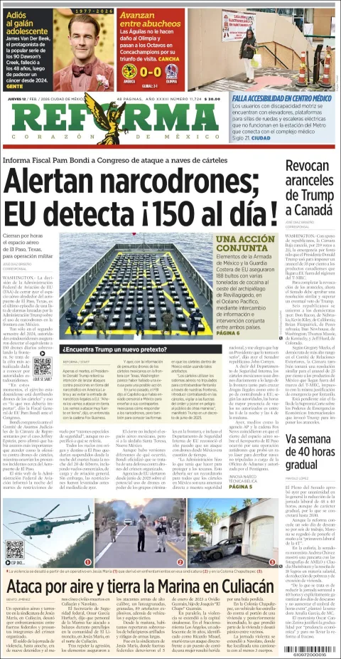 Portada de Reforma del jueves, 12 de febrero de 2026