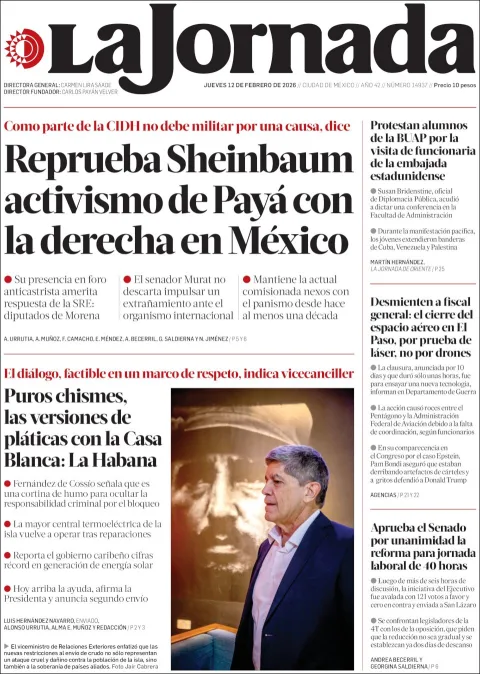Portada de La Jornada del jueves, 12 de febrero de 2026