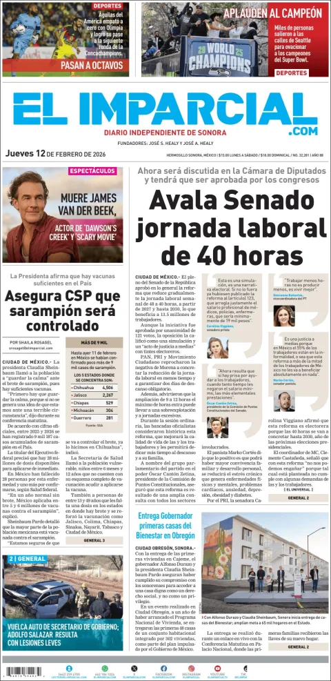 Portada de El Imparcial del jueves, 12 de febrero de 2026