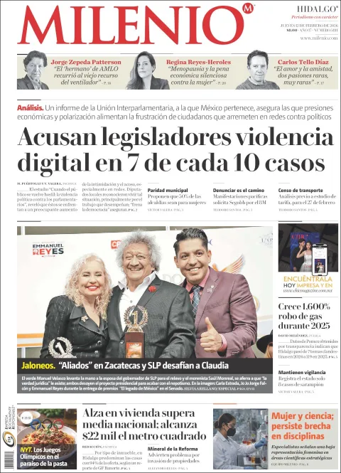 Portada de Milenio Hidalgo del jueves, 12 de febrero de 2026