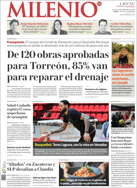 Portada de Milenio Laguna del jueves, 12 de febrero de 2026