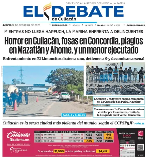 Portada de El Debate de Culiacan del jueves, 12 de febrero de 2026