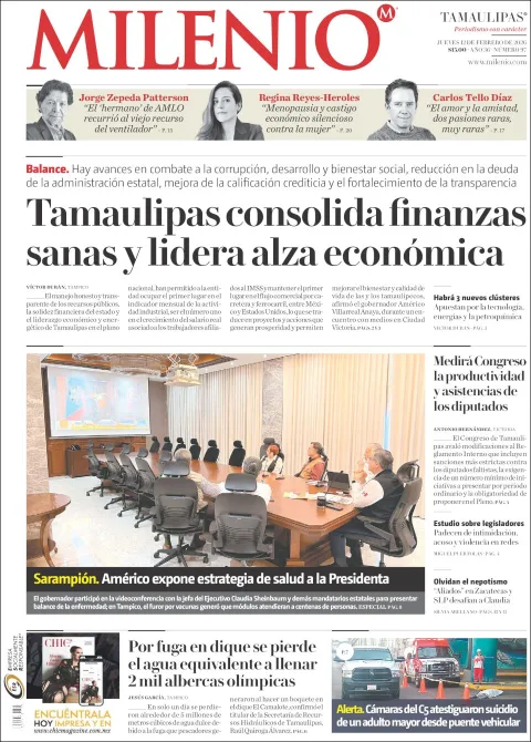 Portada de Milenio Tamaulipas del jueves, 12 de febrero de 2026