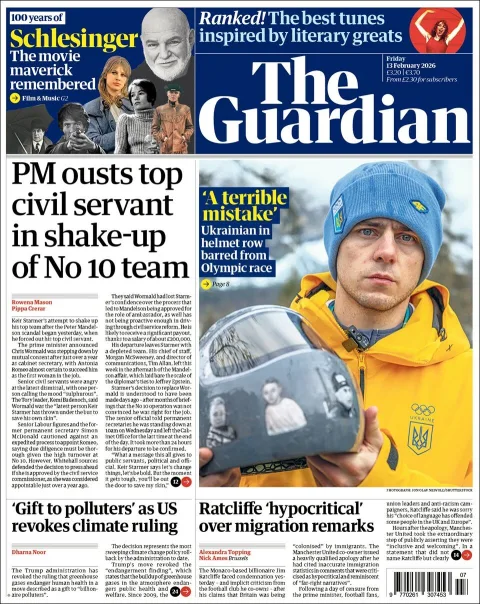 Portada de The Guardian (reino Unido) del viernes, 13 de febrero de 2026