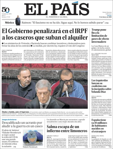 Portada de El Pais del viernes, 13 de febrero de 2026