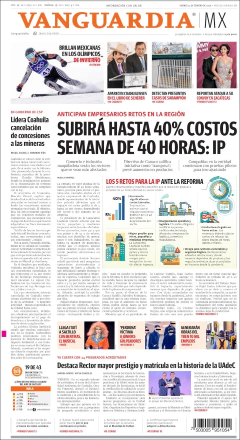 Portada de Vanguardia del viernes, 13 de febrero de 2026