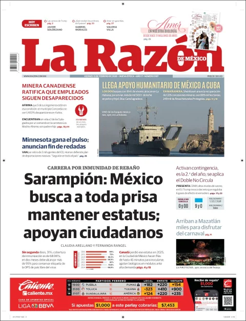 Portada de La Razon del viernes, 13 de febrero de 2026