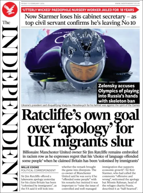 Portada de The Independent del viernes, 13 de febrero de 2026