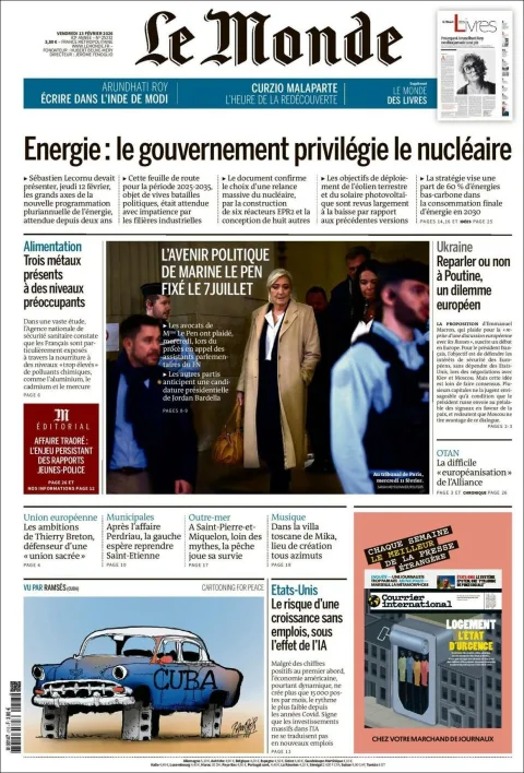 Portada de Le Monde del viernes, 13 de febrero de 2026