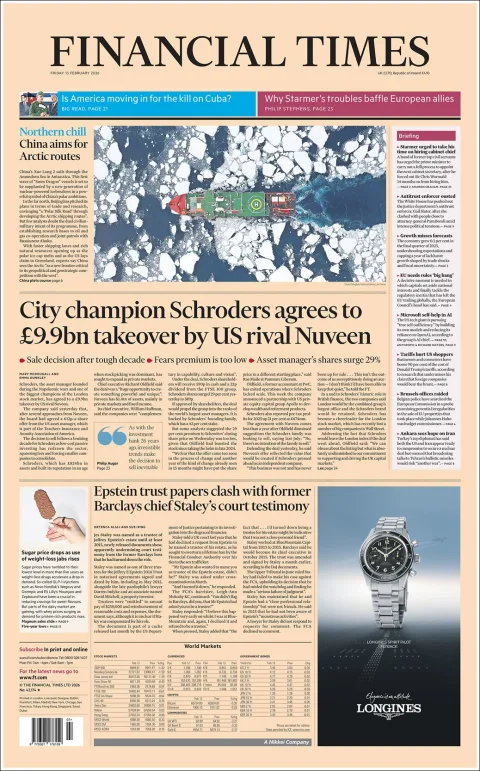 Portada de Financial Times del viernes, 13 de febrero de 2026