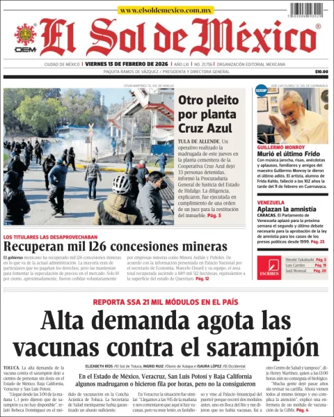 Portada de El Sol de Mexico del viernes, 13 de febrero de 2026
