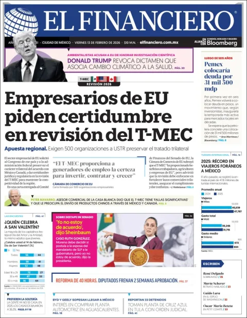 Portada de El Financiero del viernes, 13 de febrero de 2026