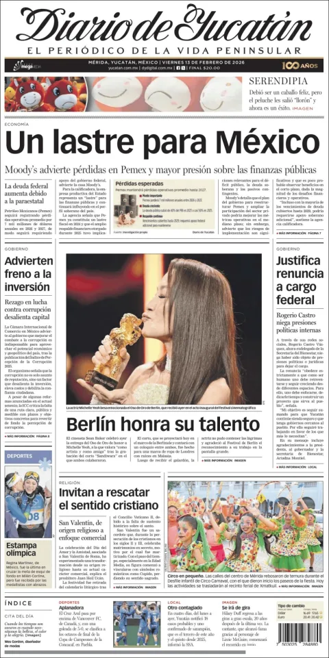 Portada de Diario de Yucatán del viernes, 13 de febrero de 2026