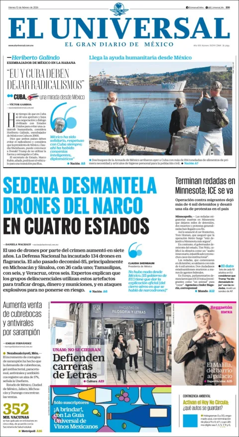 Portada de El Universal del viernes, 13 de febrero de 2026