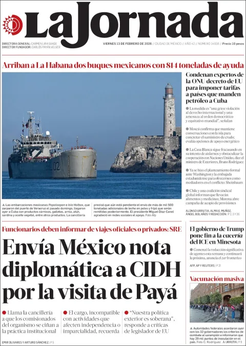 Portada de La Jornada del viernes, 13 de febrero de 2026