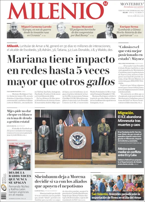 Portada de Milenio del viernes, 13 de febrero de 2026