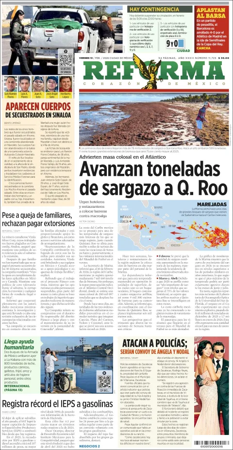 Portada de Reforma del viernes, 13 de febrero de 2026
