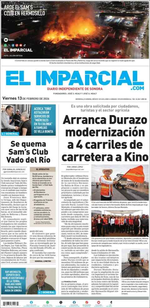 Portada de El Imparcial del viernes, 13 de febrero de 2026