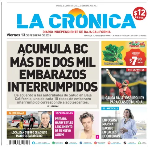 Portada de La Cronica del viernes, 13 de febrero de 2026