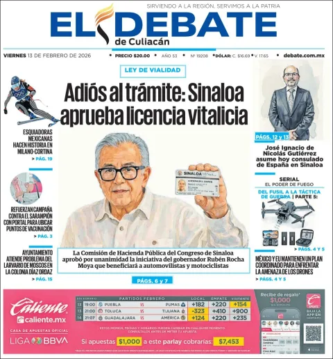 Portada de El Debate de Culiacan del viernes, 13 de febrero de 2026