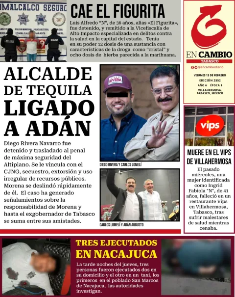 Portada de En Cambio - Tabasco (portada) del viernes, 13 de febrero de 2026