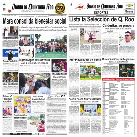 Portada de Diario de Quintana Roo (portada) del sábado, 14 de febrero de 2026